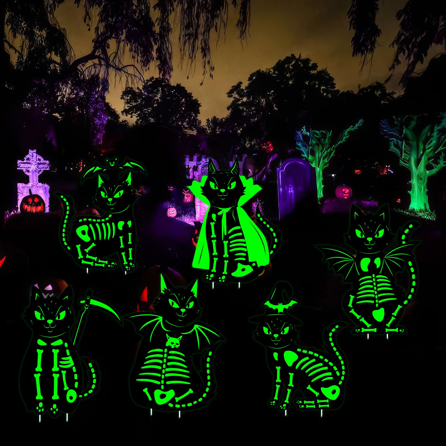 6 Pack Light Up Halloween Tombstones Decoration, 16.5"x11" Spooky Graveyard Decor for Outdoor Yard Parties, Waterproof Plastic Grave Markers with 12 Stakes for Cemetery Lawn Displays